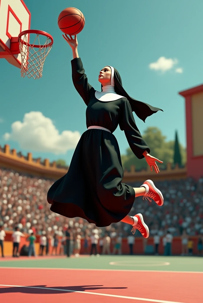 elderly 85yo woman , on the grass of the football stadium, sits on a large traffic cone, dressed as nun, red latex bikiny, horny smile,huge shaggy breast, full nude figure, muscle figure, red octane render, figure lit from the front from my point of view, midday sun, european, side view from below, anatomically correct, big breasts, horny, spread legs wide, muscle body, super detailed,PNG format.