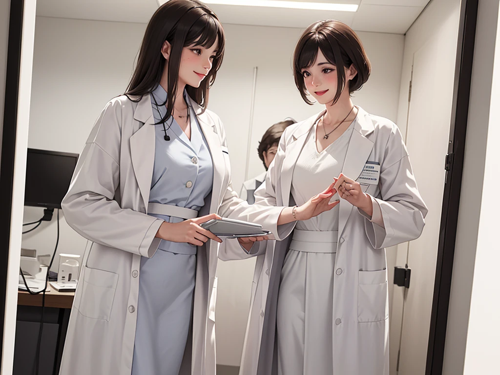 Doctor, 1 woman, solo, sitting (Looking at the audience), (white lab coat:1.5), long skirt ,Stylish clothes mature woman /(dark brown hair/) Bangs, smiling kindly (The best quality masterpiece:1.2) , Delicate illustrations, Special details, (hospital examination room) In the building, desk (X-ray image of the lungs:1.2) Detailed background