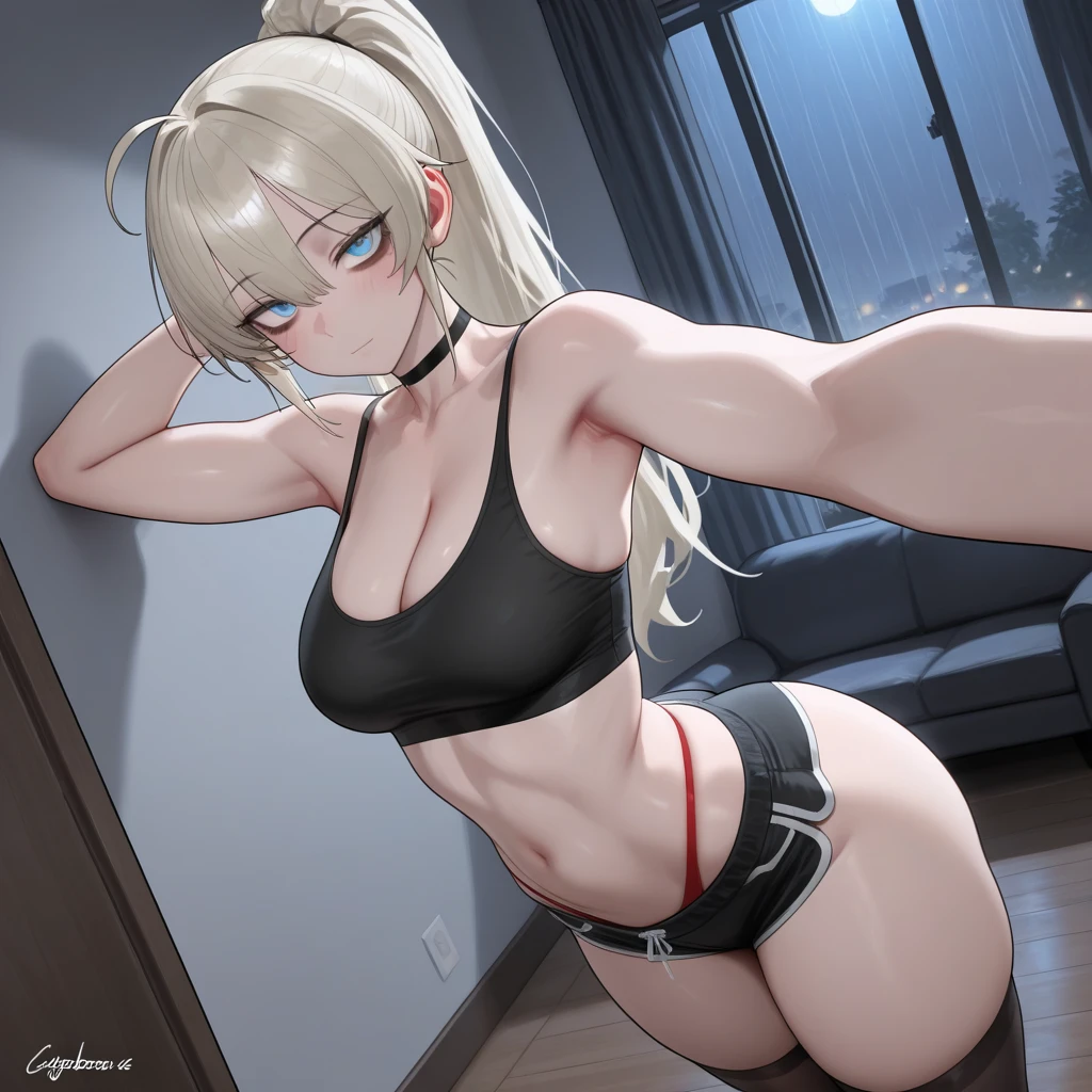 Masterpiece:2
best quality:2
high resolution:2
perfect anatomy,
unity 8k wallpaper,
dark skin:2
blonde short hair:1.2,
asymmetrical bob,
dark skin:2, dark skin:2, dark skin:2, dark skin:2
caustics,
character focus,
dynamic angle.
intense angle,
cinematic angle,
face focus,
night,
looking at the viewer,
Petite facial features:1.5,
25 years old,
soro,
Skin Fang,
huge breasts:2, huge breasts:2, cleavage
tall stature:1.6,
(One woman),
laugh1.3,
open mouth,
(blue eyes),
living room,
nature,
Perfect Lighting,
Movie Lighting,
Dynamic Lighting,
black triangle bikini:1.2,
black_micro_bikini,
low-rise bikini,
open white shirt,
very small necklace,
piercing,
black hairpin:1.2,
navel piercing,
(Spread Your Legs: 1.2),
(Sit Straddling),
(Girl on Top),
cream colored hair
Height 170cm
She is eight heads tall