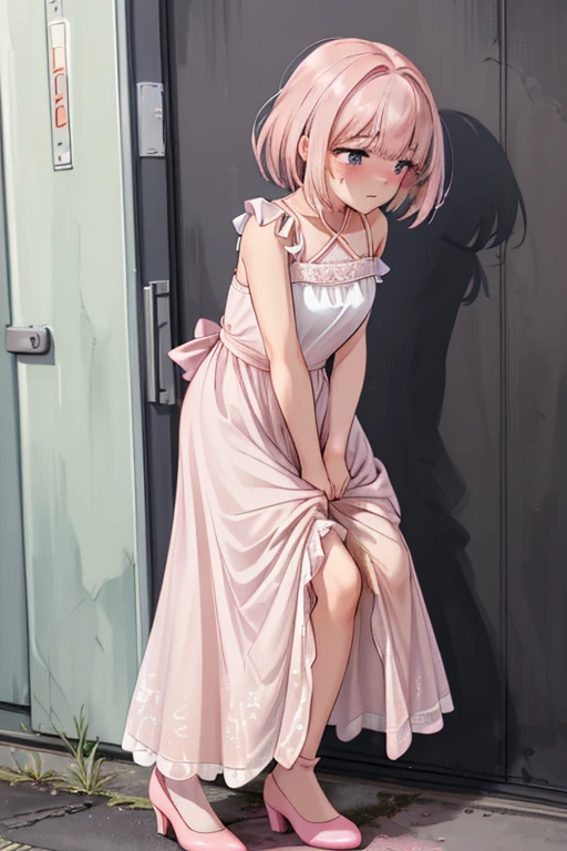 Cute pink hair、One girl in a cute dress、One girl takes to the bathroom、Look away、Standing、embarrassed from、Blushing、Keep your mouth shut、a street(Girl is peeing:1.3)