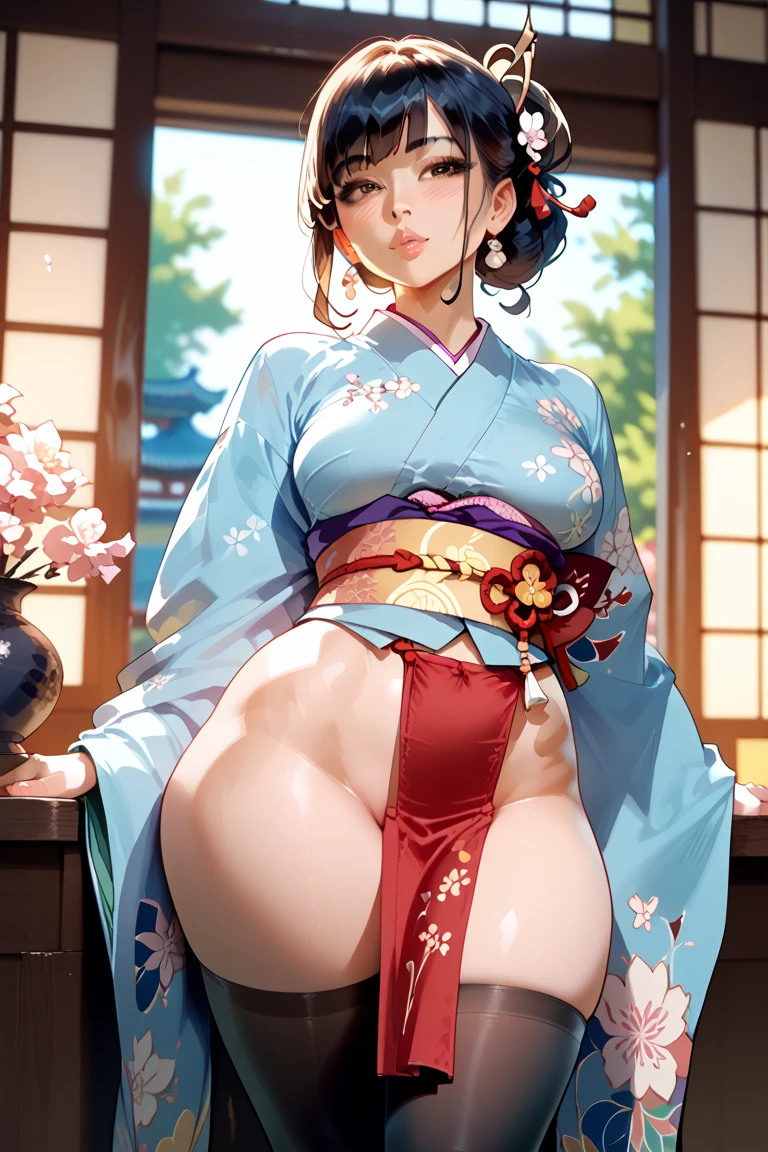 Chen Uen style,top-quality,delicated face,ighly detailed,lovely,lovely face,embarrassed,sweat,double eyelid,disproportionate breasts(woman),(puffy pussy),(pussy juice), kneeking,(large ass1:1),wearing Gorgeous dresses with intricate patterns and ethnic costumess,(pervert),doodling on one's buttocks((ass shot))