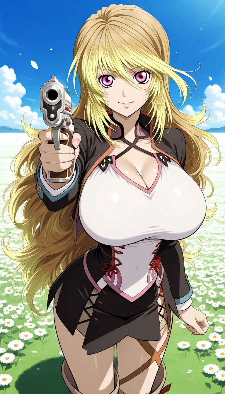 (8k, best quality, masterpiece:1.2), ultra-detailed, (high brightness:1.3), (high contrast:1.1), (high saturation:1.1), (anime screencap:1.20), 1 girl, ((solo:1.5)), (((FletcherMKIIKC))), ((long hair:1.2)), ((blonde hair:1.5)), ((hair ornament:1.5)), cute, ((Detailed details eyes:1.5)), cute, (((((revealing dress:1.30))))), ((((silver dress:1.30)))), (red blush:1.3), ((saggy huge breasts:1.5)), puffy nipples:1.5, (huge areola:1.5), ((sideboob:1.20)), (((((covered nipples1.30))))), (cute smile, happy), ((thigh boots:1.20)), (((outdoor, day))), ((full body:1.5)),
