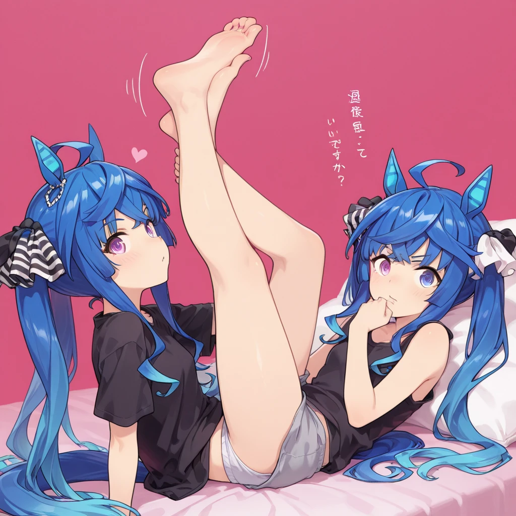 score_9, score_8_up, score_7_up, 1girl, akugaki koa, idol es, heart ahoge, blue bow, blue eyes, yellow eyes,heterochromia, light blue hair, open mouth, pointy ears, wings, tail, horns, hairclip, heart ahoge, hair bow, masterpiece, best quality, very aesthetic, absurdres, black thighhighs, black elbow gloves, nude, bedroom, girl on bed, ahegao, small breasts, on four, 1futa, doggystyle, tail grab, grabbing others tail, lifted from tail, grabbing tail from behind, hanging from tail