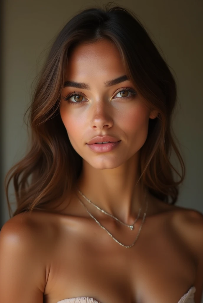 Realistic portrait of a beautiful 1 girl with Latin features, with tanned white skin, Brown eyes, long light brown hair. delicate facial features, Thin and thin lips with realistic texture, beautiful girl model body. regular well formed tits, detailed facial features. ultra realism, maximum resolution, masterpiece. extremely detailed skin, professional photography. white background in professional studio, Professional lighting that highlights the details, pores and skin textures.