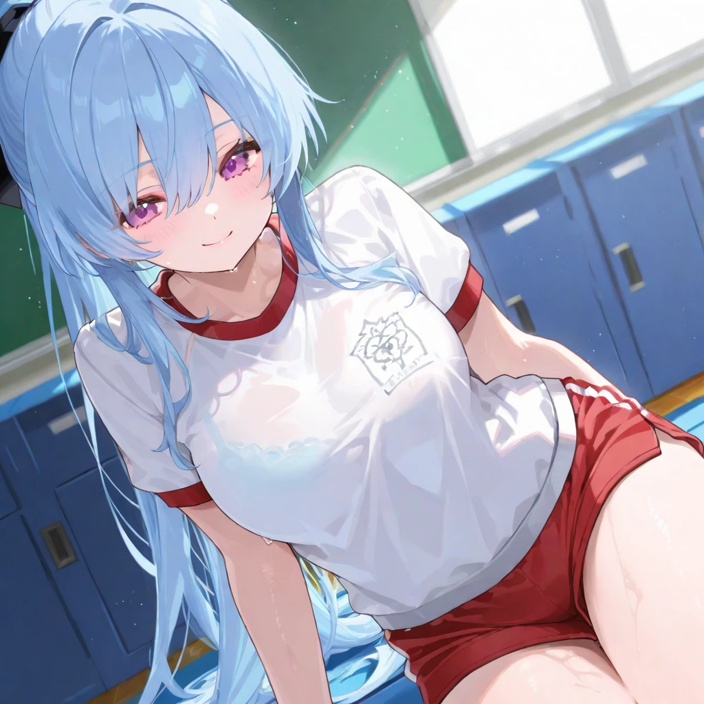 Nsfw, Masterpiece, beautiful art, professional artist, 8k, art style by sciamano240, very detailed face, detailed hair, detailed clothes, detailed fabric, 1girl, perfectly drawn body, beautiful face, long tied up hair, light blue hair , very detailed blue cat eyes, wearing gym clothes , wearing sneakers, glasses, rosey cheeks, track and field setting, model headshot , zoom in face, show details in eyes, upclose view, looking at viewer, cute expression,