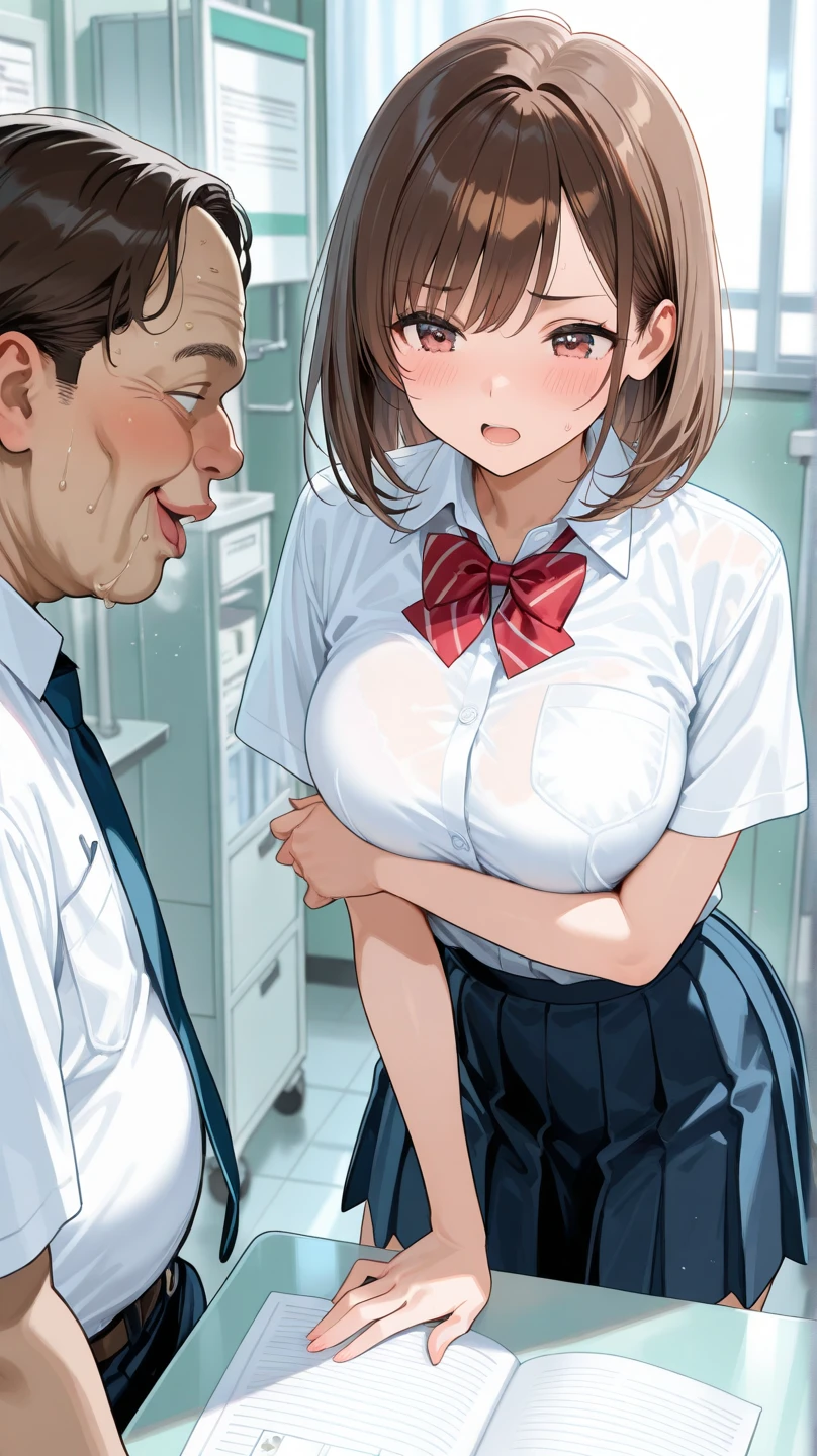 (girl is filming by ugly man with camera from side:1.2),in the nursing house,school girl take care of old man,( large breasts,leaning forward,girl is on top,gangbang,on the bed, apron, ,bra lift, mini skirt, open shirt , pulled bra, blush,surprised,nipples , arms behind back, fellatio, cum on breasts,cum in pussy, cum inouth),( lying ugly old man is sex ,rape , anal sex from behind),( ugly man is grabbing breasts from front:1.3) ,slim, short hair, wave hair, single braided bun, brown hair, large breasts