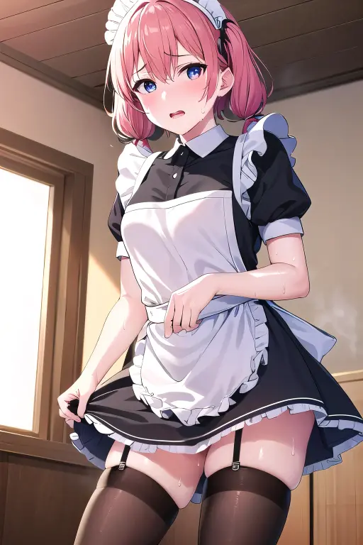 Kobayashi, (Bust size very very small.)), (flat chest:1.2), Posing embarrassed, Sexy Maid Dress, maid bikini, frills
