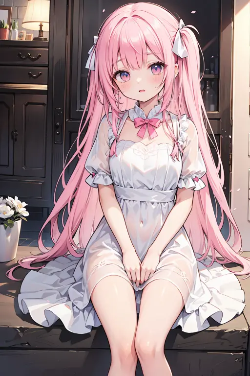 masterpiece, best quality, nsfw,
1girl, view from below,
lift up the skirt, white dress, white panties, pink hair, smile,
a lot of sweat, bedroom, late night