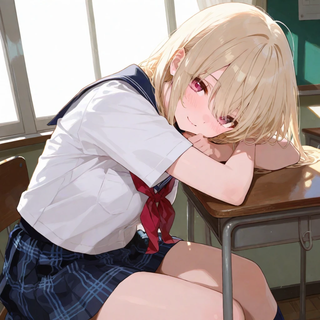 
Random pose、spread your legs、pale chestnut hair、short hair、Red eyes、Red ribbon、Blushing、I can see her pantie-shaped legs、School classroom.
Random pose