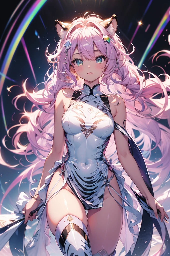 (((Masterpiece))). ((Ultra detail, top quality, high resolution, movie lighting, glitter, glitter, lens flare, light particles, shining tone,))
, full-body, full-body shots.
(1 girl) ((pink hair, long hair, both sides up))
(green eyes), eyeshadow, eyeliner, glowing eyes, beautiful eyes ((sparkling, pink pupils)) 18 year old girl.
light, glow, dazzling, glare, shimmer, reflection, prism, full body, sexy pose
18-year-old girl. Dressed in a transparent jacket made of white PVC material. Frill. Party dress.