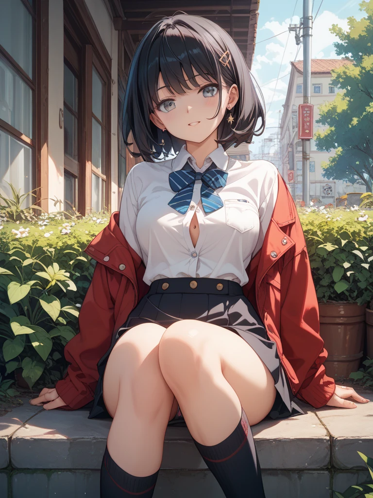 (1girl), (solo), ((masterpiece)), ((long hair)), thirty something, best quality, beautiful, perfect lighting, extremely refined beauty, detailed face, super cute face, (High Resolution), ((Solo), Looking at the Audience, ((Cowboy Shooting 1.2)), Full Body, Black Hair, Housewife Hair, (Low Ponytail), Messy Hair, Looking at the Audience, Green Eyes, ( (blush)), warm smile, (nervous), (shy), fidgety, cute, ((Japanese school uniform)), plaid skirt, (short skirt), high socks, black arm warmers, medium chest, (wide Hips), (thick thighs),

stand, street, town,