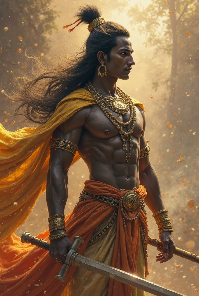 Create a lord Hanuman, Bajarangbali full HD powerful image. Blue eyes and six pack background blur. Full body Hanuman. Cloth orange color. Hanuman and monkey face mix.