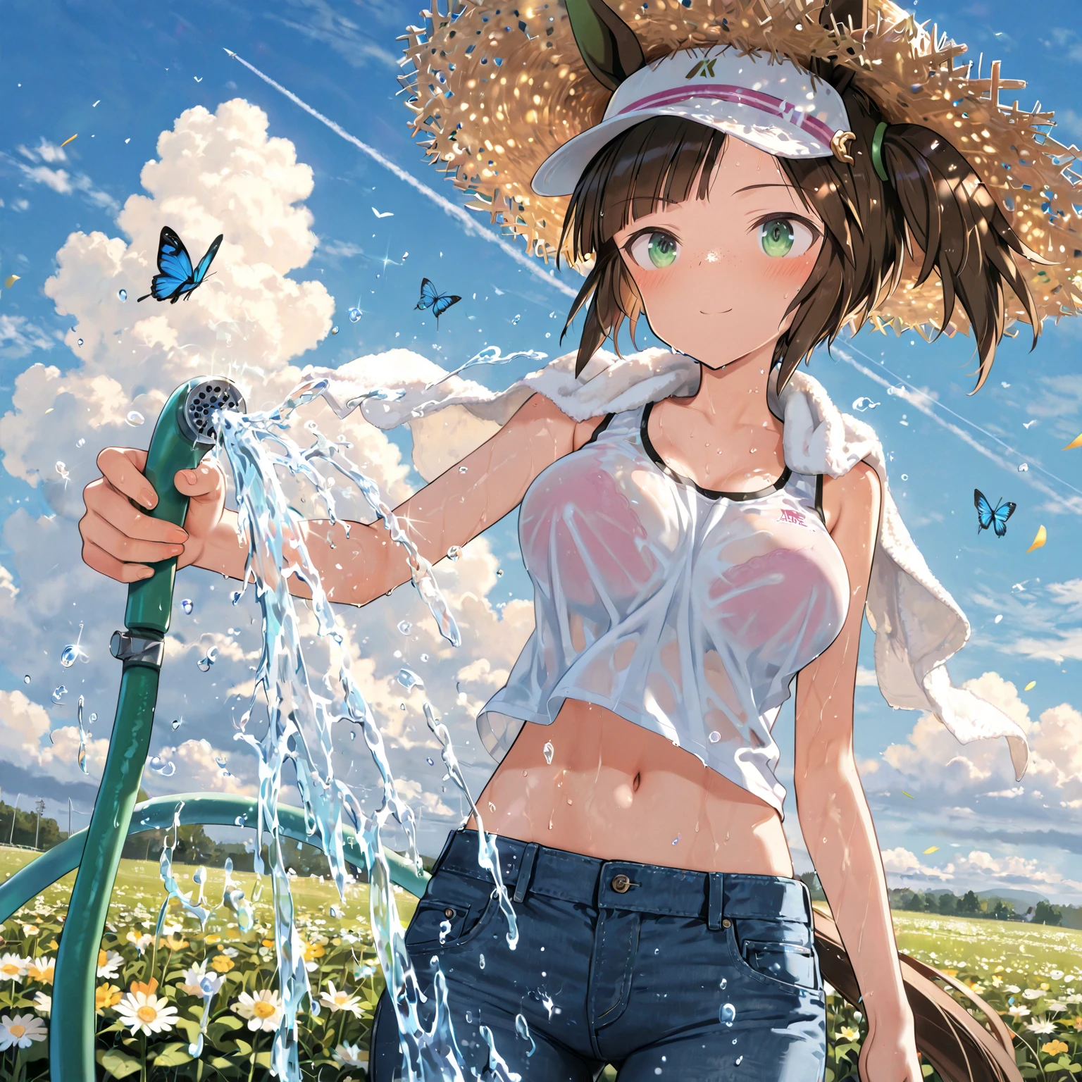 High resolution,Professional Lighting,Incredibly attractive girl with a backpack,Take an adorable puppy,Surrounded by beautiful yellow flowers and natural scenery、Enjoy a beautiful spring walk,Master Parts,Highest quality, (Happy:1.4)、(Completely naked,Sex,Sweaty,Pee,sex:1.5)