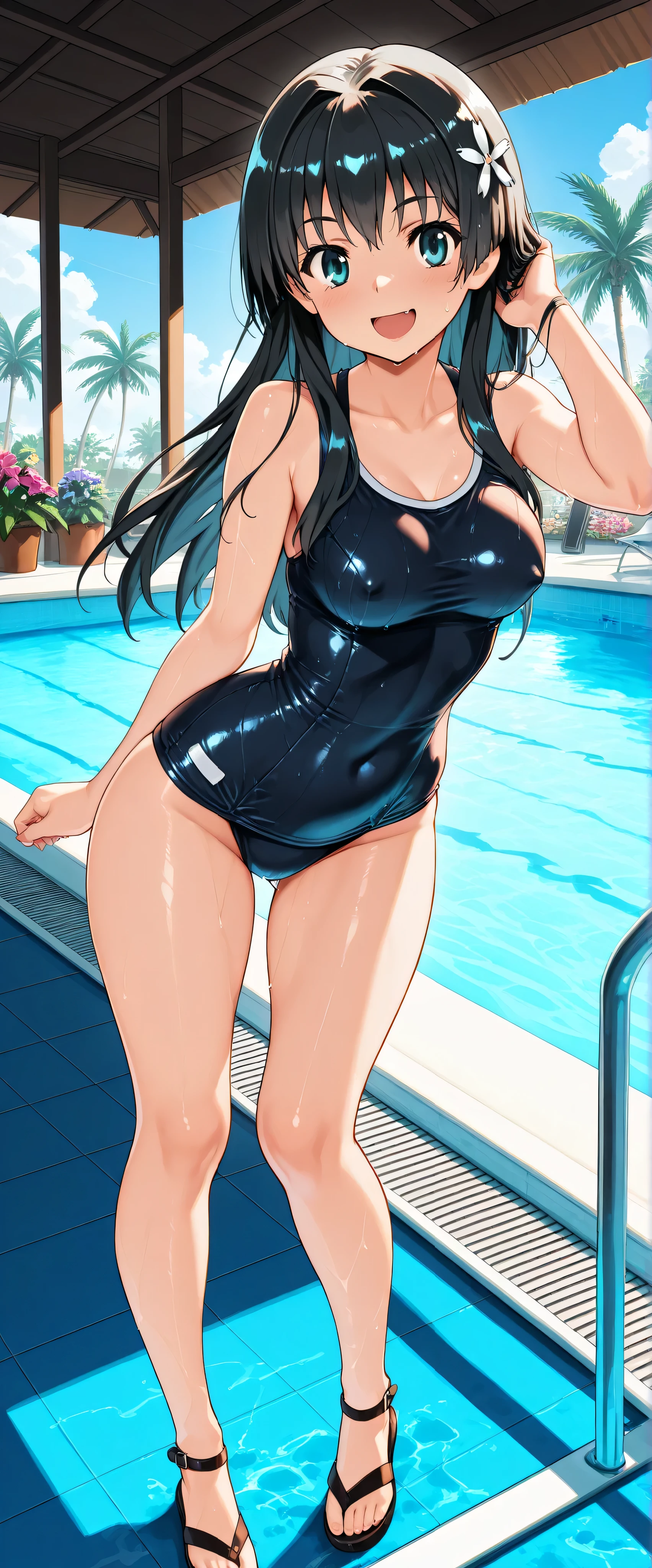 Mizushima Asa, who has big breasts and beautiful legs, is standing with her hands on her hips in a blue high-cut competitive swimsuit.。