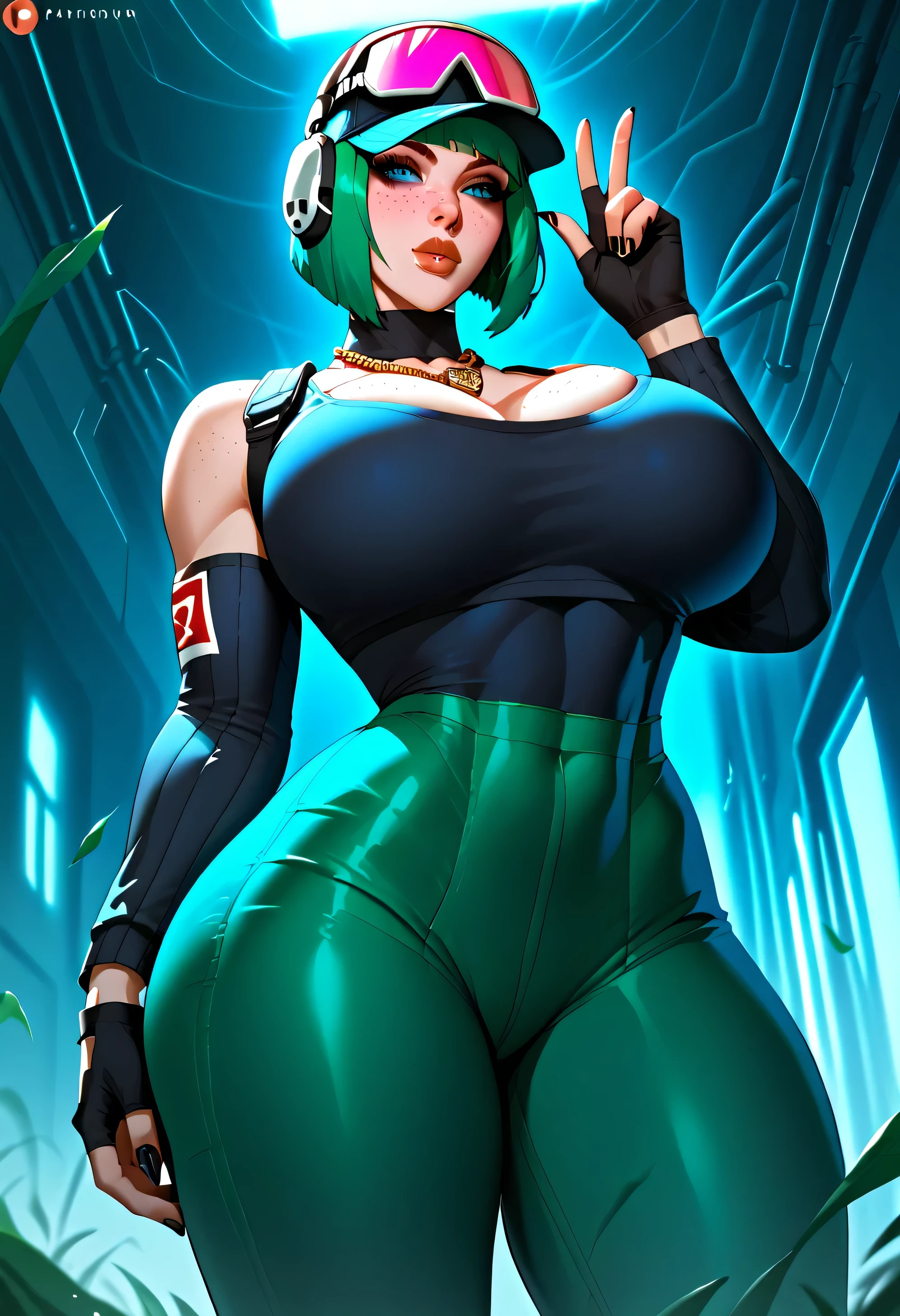 Lean fit agent honeydew girl from the dark knight stands imposing in a gothic lost city. ((Blue wetsuit)), zipper open, (((navel exposed, navel piercing))), cleavage, navel piercing, black hair, (gigantic breasts), Moonlight highlights her fit and lean figure, intricate wetsuit, logo on shoulder, (black utility belt), ((low sitting belt)), The scenery is grim and mysterious, with futuristic tech and surroundings. The camera details everything, (((masterpiece)))