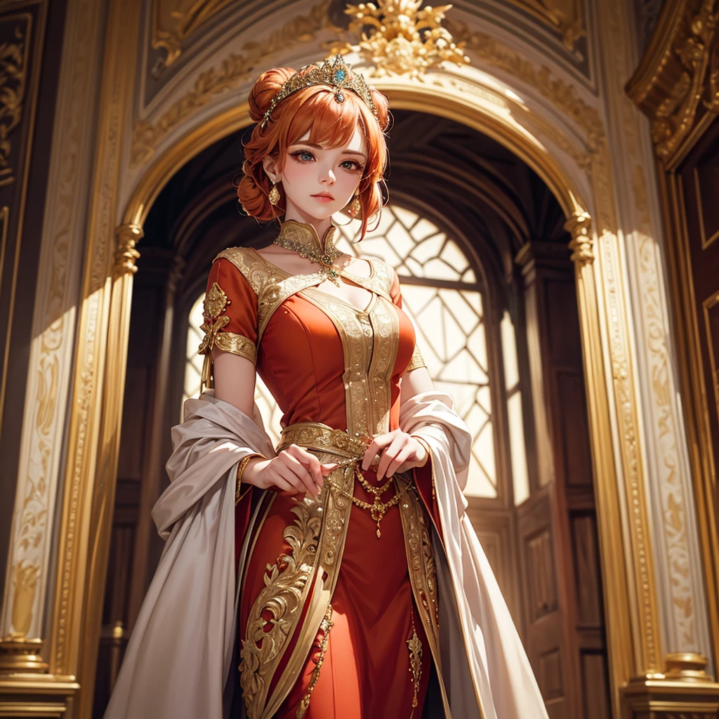 in the palace hall、A woman from the royal family in luxurious robes sits on the throne。She is surrounded by gold-decorated walls and light streaming in through large windows.、bracelet、choker、Upstyle your hair、Stiletto heels