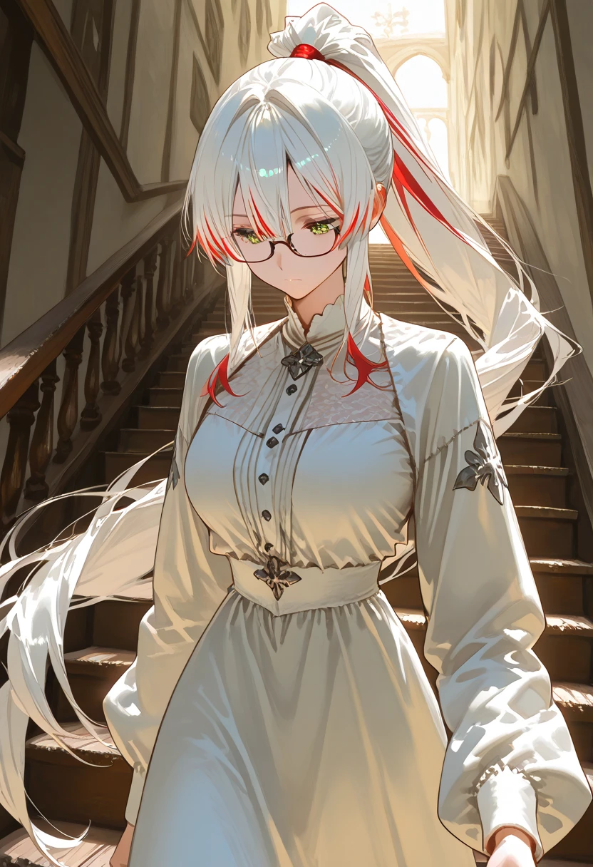 ((Sketch)), ((Watercolor)),((best quality)) ((best quality)), ((masterpiece)), (detailed), HD, Highly Detailed, 4k image, anime style, beautiful young teenage girl, 13 years old, tanned white skin, long waist length hair(red-white hair)(white highlights), soft facial features, heterochromatic eyes(left eye: silver)(right eye: red), elegant battle-styled sundress, cherry red plump lips, large E-cup breasts, short height(150cm). wide hips and large round ass, silver round-frame glasses