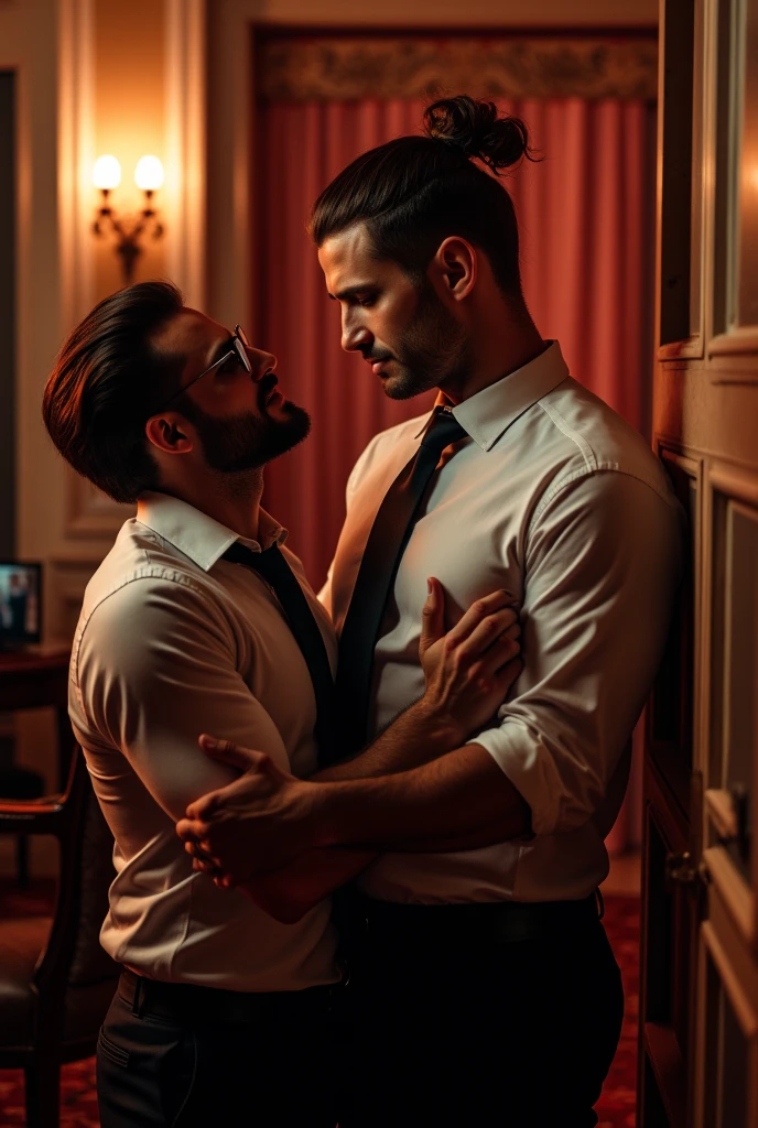 gay man wearing only shirt and black underwear is horny and kissing his boyfriend who wear suit