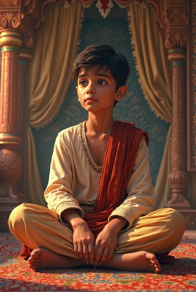 A boy sitting straight kaba sorif a tupi on his head a Punjabi he wear and a paigama and kaba tar samne and tar samne oneke towaf korche
