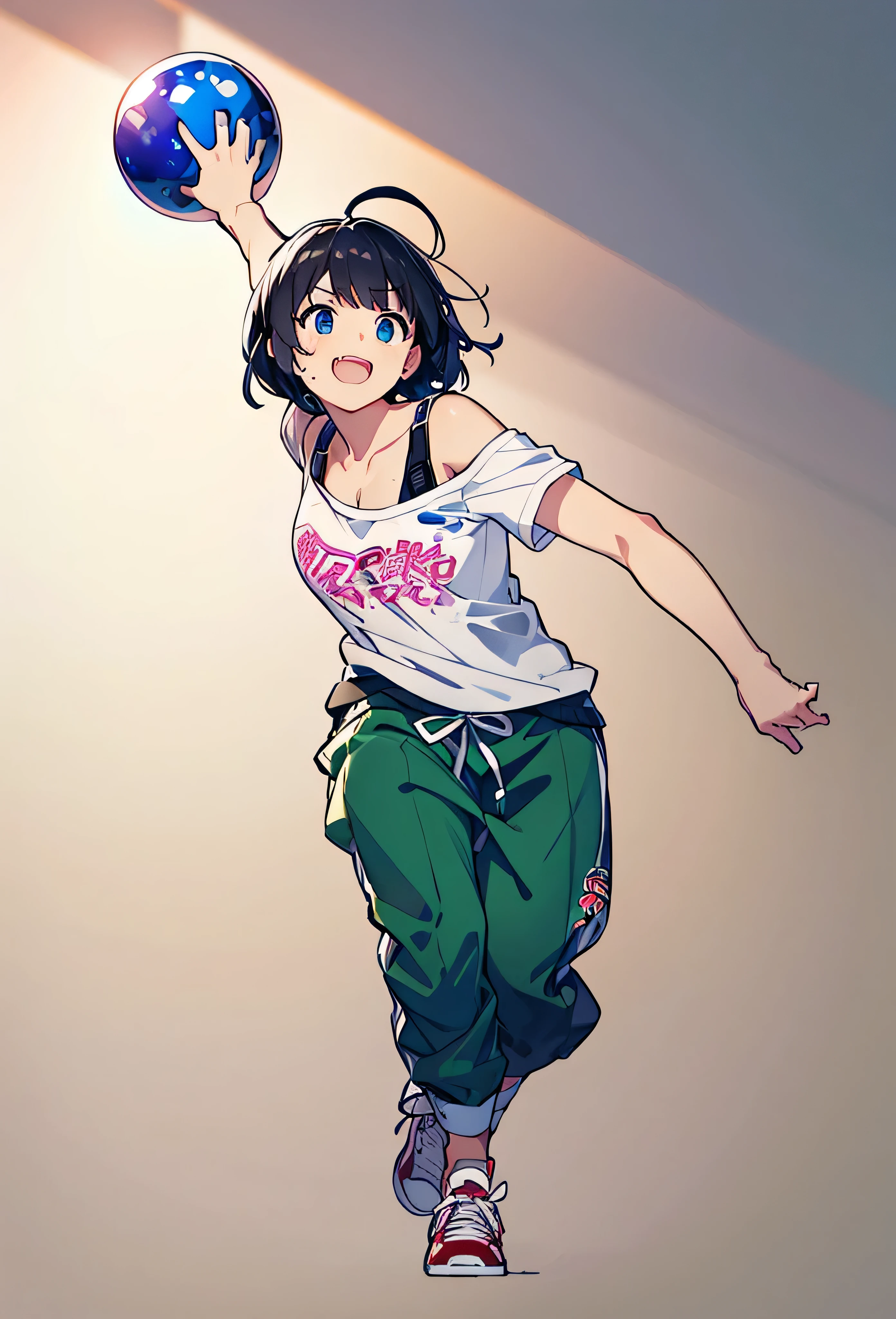 [ 4k digital art ]!!, white one-off shoulder and sweatpants for women、white shirt、light blue inner shirt、Spotlight, valley、前かがみ、 red shoes, Colorful pants,  digital art by Pixiv , Bowlers,  Bowling, high school girl、top and bottom navy blue uniform、 Bowlingのボールを持っている、full body、watercolor、 hypo、background through png、transparent_background、White ribbon clothes、light colored outline、the color of the ball is green and blue marble、The ball is shiny、smiling and eyes open、black hair、medium short hair、dark eyes、skirt for ears、anime、日本のanime、１Two balls、ball with a hole、Throw it with your right hand、black hair、backlit、high definition、wallpaper、masterpiece、Detailed brown eyes、cute thick eyebrows、(Highest Quality、ウルトラDetails:1.2)、pink mesh、Background Removal、beautiful detailed eyes、Woman in white one-off shoulder and sweatpants with well-arranged text logo、colorful word art shirt、#see-through、#clothing、sweat、Wet、 Delicate Art 、Details、STRIKE、dynamic composition、jump、Prime Lenses、high definition eyes、