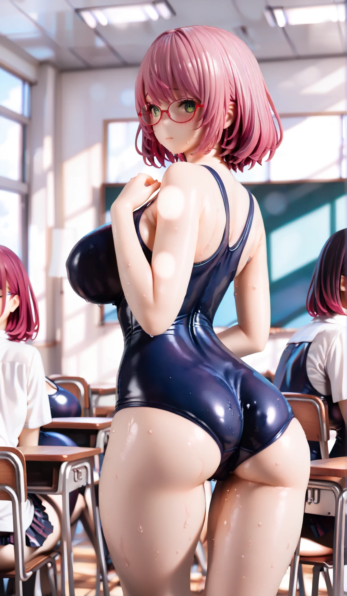 extremely detailed CG, super detailed skin, perfect anatomy, dynamic lighting, beautiful detailed eyes, (Photorealistic:1.4), Japanese Girls, (1 Girl), (young girl :1.6),  Black Hair, Short Hair, blue eyes,  Beautiful Eyes, Wide double eyelids, Embarrassing, (Huge breasts:1.3), (Curvy:1.4), (Glossy metallic pink one-piece swimsuit:1.5), (pink kneehigh boots:1.5)、(sunny:1.2), Are standing、arms behind back、 (classroom:1.5)、From above、(children:1.8)