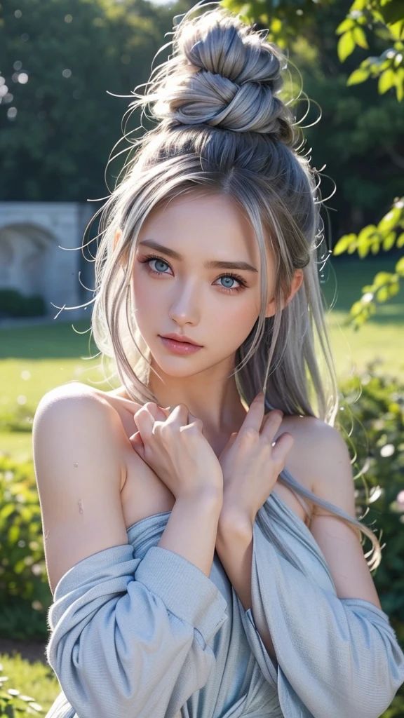 Masterpiece, Best quality, 8k, 18 years old, Raw photo, absurd, Award-winning portrait, smile, smile, pure, German, blue white ((ombre)) dress, (huge breast), white hair, blue eyes, offshoulder, open waist