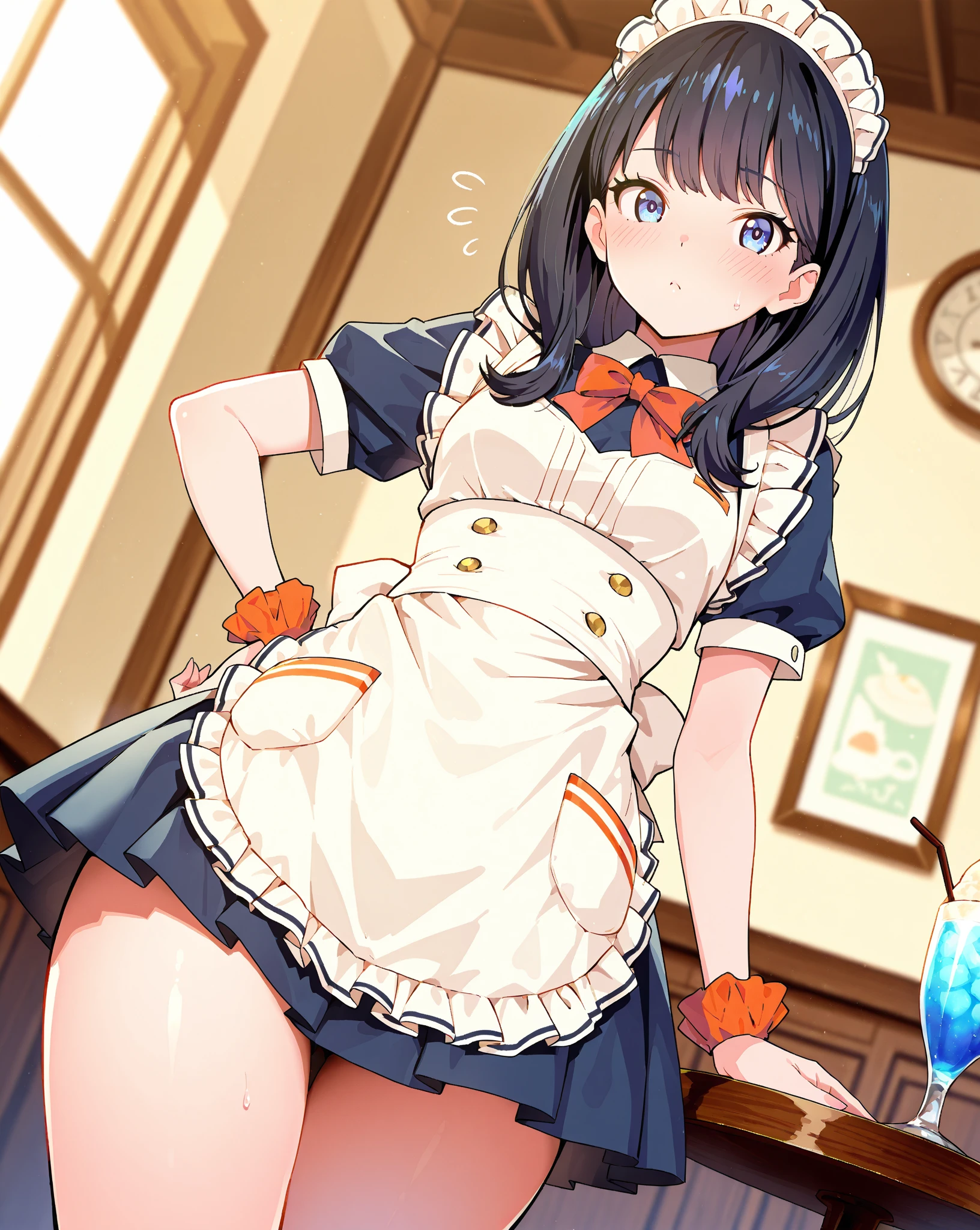 Anime characters (big) White apron and black hair, Azure Line Style, Fleet Series Style, Pixiv 3DCG, Ahegao, Kshat Garland, Anime Moe Art Style, From the Azure Root video game, Biomechanics , Highest ranking on Pixiv, Highest quality, 8k hd, Thigh Gap, Cowboy Shot、