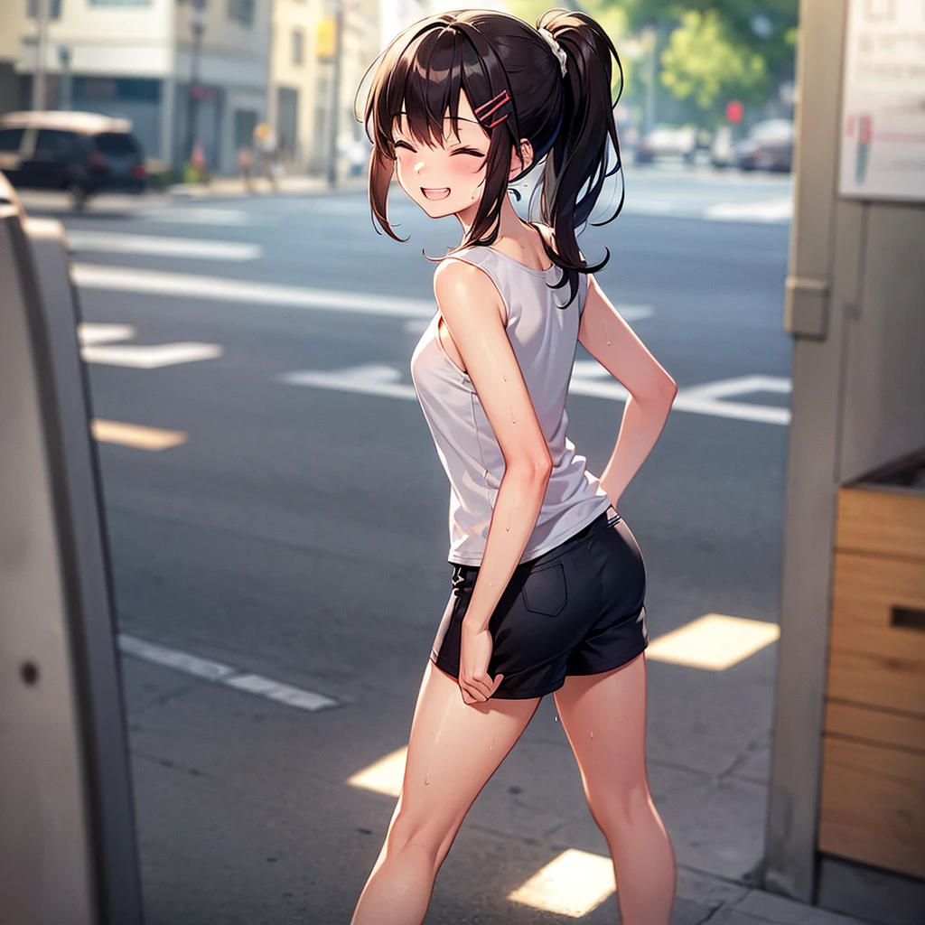 (1 girl), chibi,messy hair, Brown bob hair,,(rape face),, masterpiece, best quality, ultra high res, 8k, Professional Lighting, Photon Mapping,,low saturation,front view, full length, realistic background, shallow depth of field, perfect anatomy,,((cute:1.8)),((10years old:1.5))、(sports ground:1.5)、1 girl,(cute:1.8), perfect face, seriously,(nose blush)、(small breasts:1.8),10 years old，(short sleeve gym clothes:1.5),(bra:1.8)、(clothes lift:1.2)、(bottomless),(asshole big anus:1.3), Detailed description vagina,Show butt hole、distress, (blush:1.5), think back:1.5, (open anus:1.6)、((spread legs))、(flat chest:1.2)