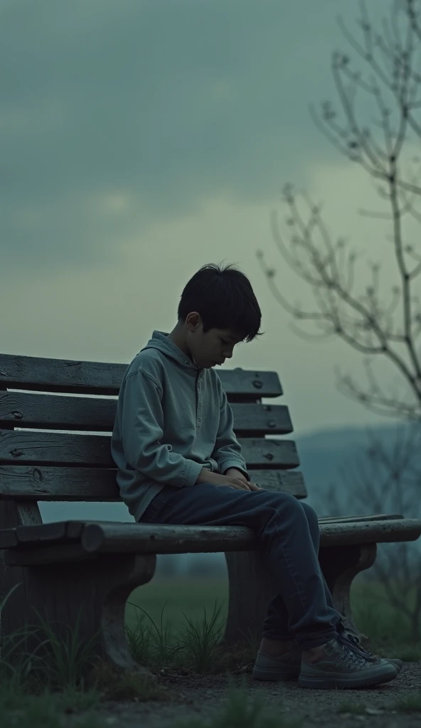 A highly realistic image of a young boy, around , sitting alone on a bench in an empty school playground. The boy has short black hair and wears a simple striped shirt and dark pants. His small hands are clasped tightly in his lap, and he is looking down at his feet, his face showing a deep sense of sadness and loneliness. The playground around him is deserted, with empty swings gently swaying in the wind and a few scattered leaves on the ground. The sky is overcast, casting a grey tone over the scene, adding to the feeling of isolation. The boy's eyes are slightly teary, and his posture is slouched, as if carrying the weight of his solitude. The overall atmosphere is quiet and somber, capturing a moment of pure loneliness and the emotional weight it carries for a child at school.