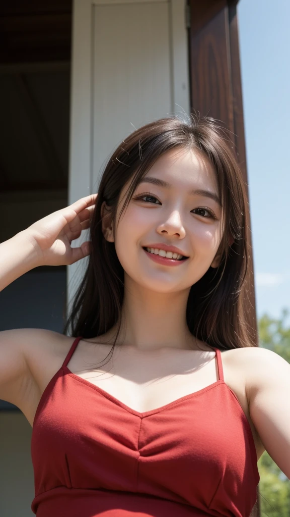 girl with, 独奏, A smile, wearing red dress, full bodyesbian, Brick wall background, top-quality, masterpiece, Realistic, ultra-detailliert, natural soft light