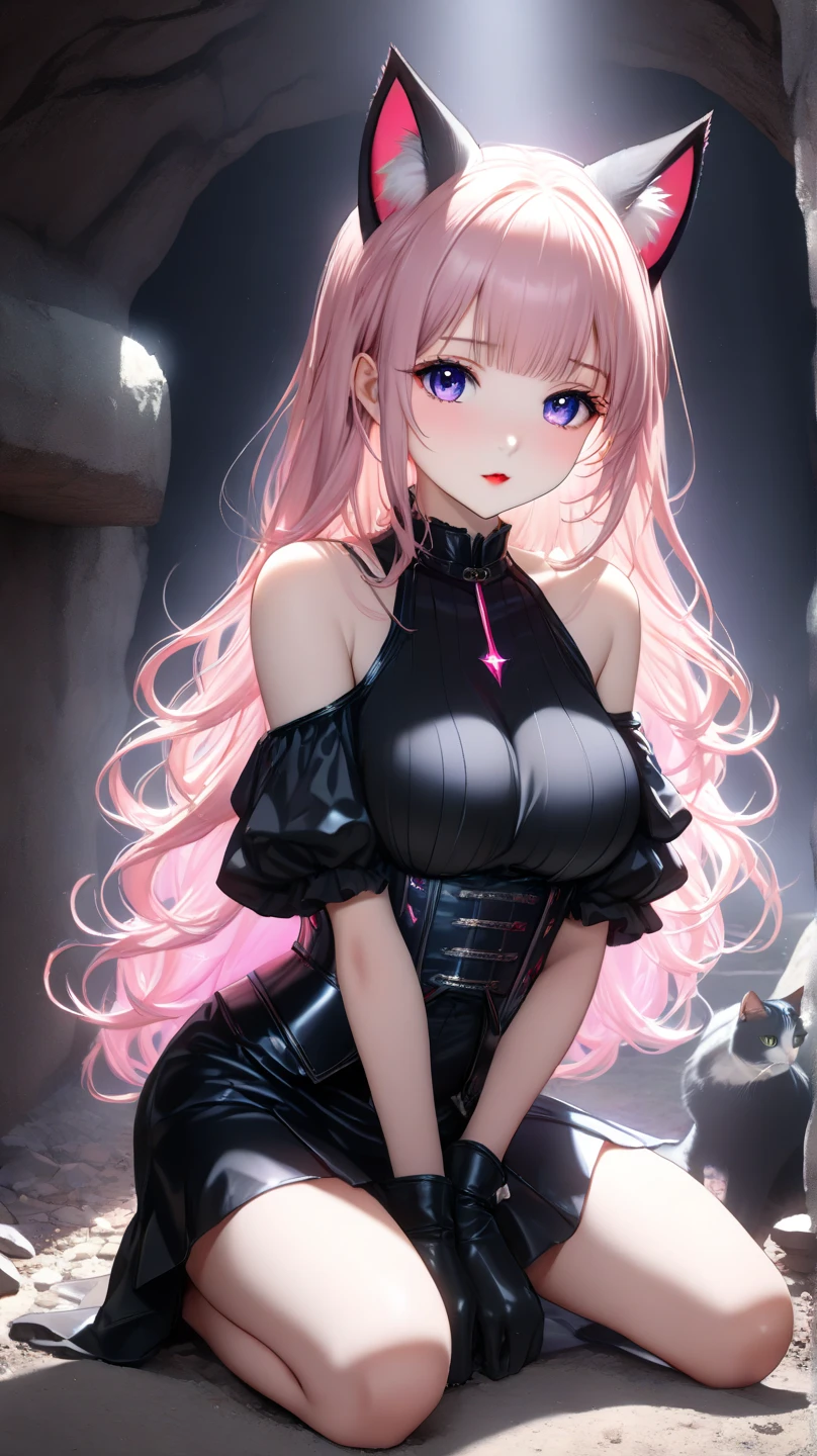 ((Highest quality)),(超High resolution),(Very detailed),(Detailed Description),((The best CG)),(masterpiece),Ultra-detailed art、(Highest quality、8k、32K、masterpiece)、(Realistic)、(Realistic:1.2)、(High resolution)、Very detailed、Very beautiful face and eyes、1 female、Tight waist、Delicate body、(Highest quality、Attention to detail、Rich skin detail)、(Highest quality、8k、Oil paints:1.2)、Very detailed、(Realistic、Realistic:1.37)、Bright colors、Beautiful Japanese Woman、Detailed face、Smooth Skin、Big Breasts、A young woman in her early 20s、I work as a maid in a cyberpunk town.。She has long, straight pink hair in twin tails.、Tied with neon green ribbon。Her eyes are big、It is cybernetically enhanced、It has a luminous, otherworldly appearance.。She is wearing a futuristic maid outfit.、The black and white dress features metallic accents.、She wears a fitted bodice with a high collar and a short skirt with holographic ruffles。She is wearing thigh-high stockings with LED patterns、She's wearing shiny black boots。Her accessories include、A headband with cybernetic cat earr.々There is a small apron with some high-tech gadgets.。In the background、Holographic advertising、Flying cars、You'll see bustling neon-lit cityscapes filled with advanced robot residents.。The inside of the cafe where she works、A stylish, high-tech cafe with glowing tables and futuristic décor。
