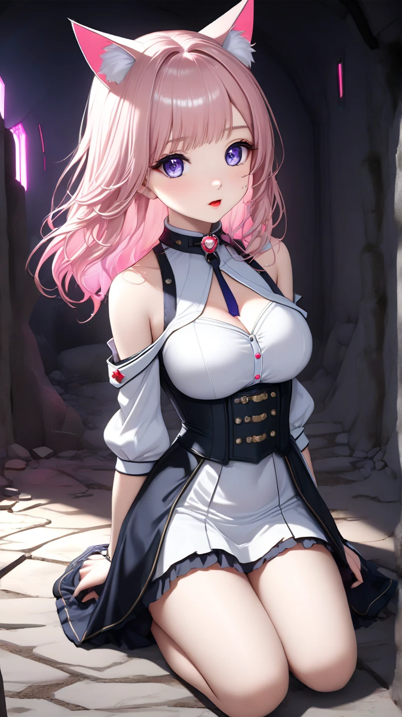 (((best quality))), (((high resolution))), (((masterpiece))), ((ultra-detailed)), (illustration), ((an extremely delicate and beautiful)), ((super detail)), (((20 years old))), ((adult)), (((tall))), gleaming skin, shiny body, breast focus, (((((ultra-huge breasts))))), elegant smile, ((big round eyes)), cute eyes, drooping eyes, two hands, five fingers, no extra hands, two legs, slender legs, ((biopunk)), ((metallic cloth)), (android), gynoid, delicate metal decorations, (medium length hair), (hair shorter than shoulder), braid, pony tail, (see-through), mini skirt, ((midriff-baring outfit)), (shining brightly), daytime, city, (dark pink blond), (metallic shining),
