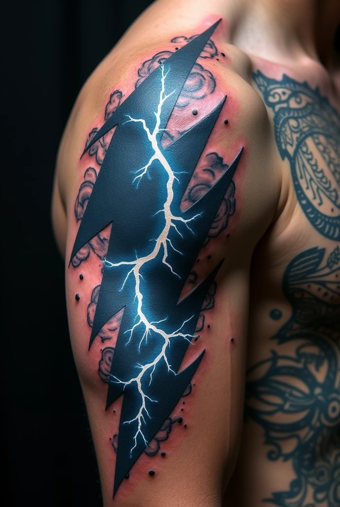 Create a lightning bolt tattoo coming from behind the ear, and run through part of the chest and the entire arm until it ends at the fingers
