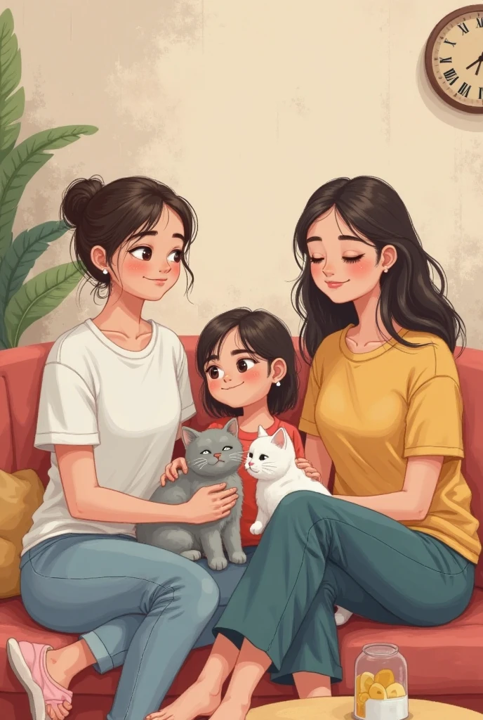family photo of two adults, one baby son, one yellow cat and one black cat illustration