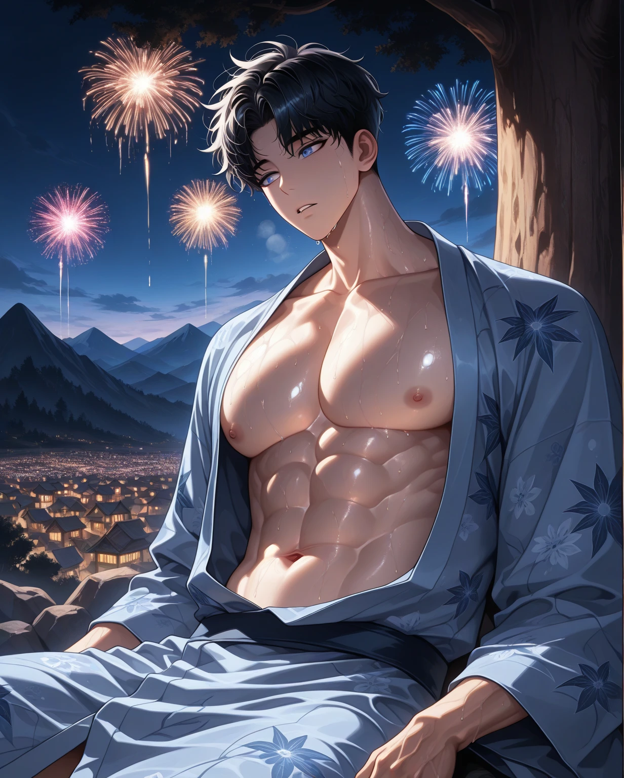 Highest quality、Midsummer evening、Short Hair、Sports haircut、Big macho man、A muscular man wearing a yukata watching fireworks on the veranda、Lonely face、Pectoralis major