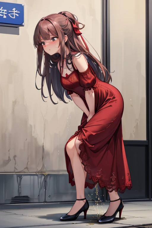 nsfw, (masterpiece, top quality, best quality, highly detailed:1.6), extremely detailed CG unity 8k wallpaper, strong facial expression, (sharp eye:1.2), (scowl:1.1), (embarrassed, blush:1.3), (steam:1.8), (wet:1.2), (sweat:1.1), (trembling:1.3), (open mouth, wavy mouth:1.4), (harf open eyes:1.5), (feeling weak:1.5), (shoot from front, looking at viewer:1.2), (leaning forward,close knees, hands between legs, pee running down legs:2), (((clutching crotch))), (castle balcony, outside bedroom, Red Carpet:2), (1 woman, indoor, Maxi Length china dress:1.4), high-heels, (very long hair, twintails, Brown hair:1.5), (woman trembling with sexual climax:1.5), (at midnight), night, at dawn, colorful, full body, wide shot, perfect composition, urination, incontinence, piss, peeing self, A lot of pee, having an accident, pee running down legs, panties around one leg, (((pee stream))), (pee puddle), wetting herself, pee stain, peeing, blush, trembling, embarrassed, large breasts, Yellow pee, ((leaking pee)), Shaking one's shoulders, Breaking a sweat on forehead, puddle of pee, Pee at your feet, Pee spread on the floor, Pee stains, Dripping pee between my legs, Feet wet from pee, Pee-covered feet, Pee at your feet, want to pee, about to pee, Full bladder, Pee-soaked dress, Pee-soaked high-heels, natural makeup,