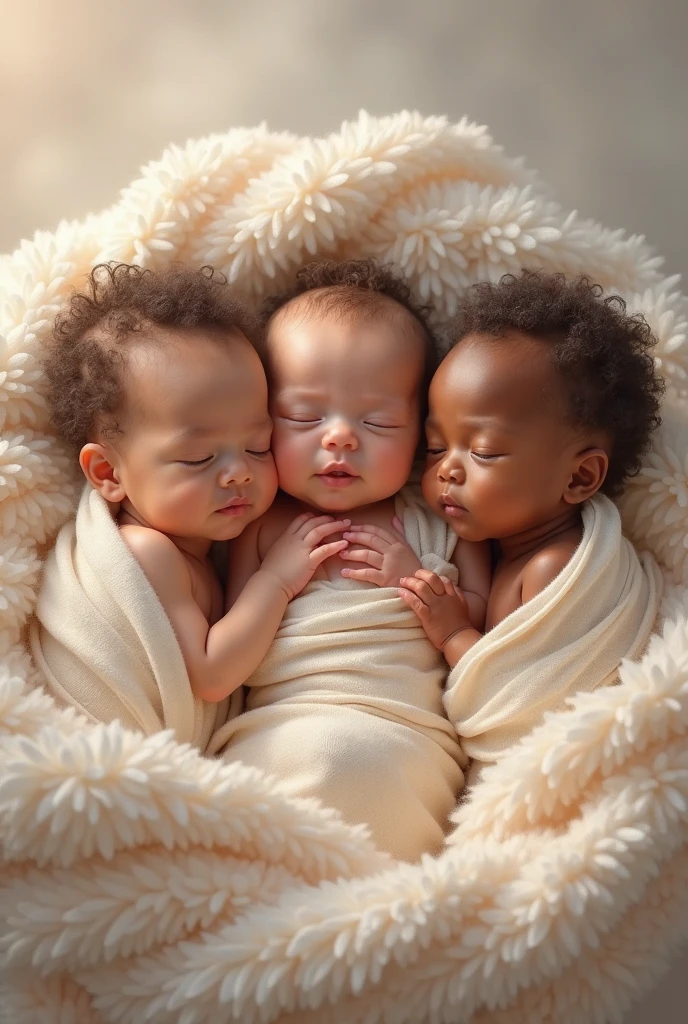 Imagine three newborn triplets—two girls and one boy—who are African American, lying side by side. They are premature infants, depicted in a realistic watercolor style, similar to the characters you might see in Avakin Life or IMVU.