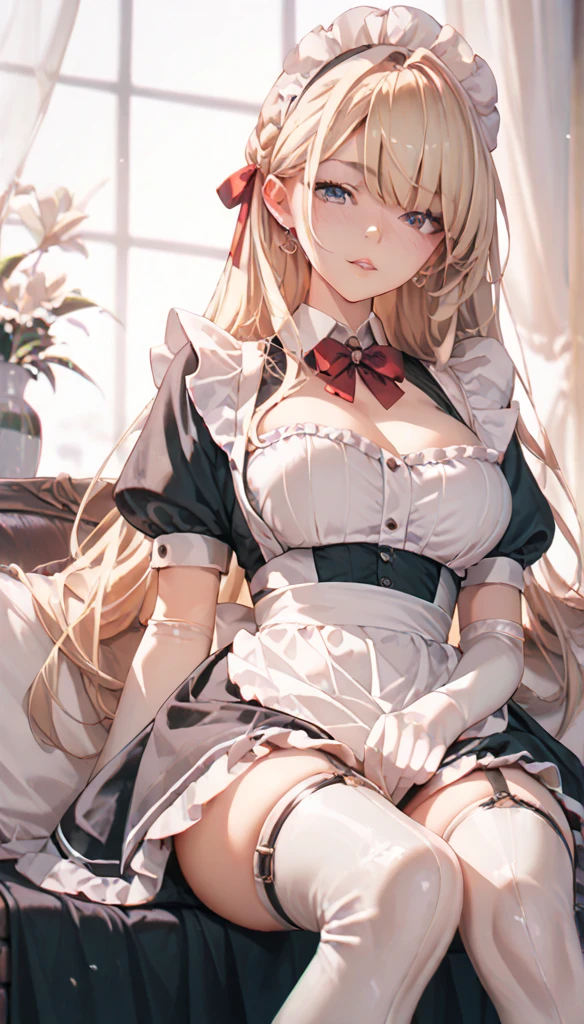 Anime girl sitting on sofa,Legs crossed, Guviz, Guweiz in Pixiv ArtStation, Maid outfit, gorgeous maid, , Guweiz on ArtStation Pixiv, anime girl in a maid costume, Guviz-style artwork, guweiz masterpiece, clean and meticulous anime art, maid, anime barbie in white stockings