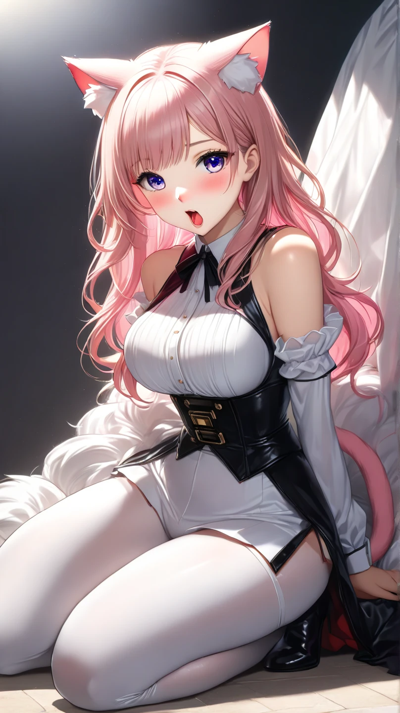 Big Breasts、Lace-up boots、Thin eyebrows、Beautiful eyes、whole body、squat、blush、high resolution、Lying down、Beautiful woman、 high quality ,4K ,Scanline illumination, Volumetric Light、8K Ultra HD, Soft lighting, high quality, Film Gray、Spread your legs、Pink Hair、long hair、Bunny girl、Knee-high stockings、bed、Lie down