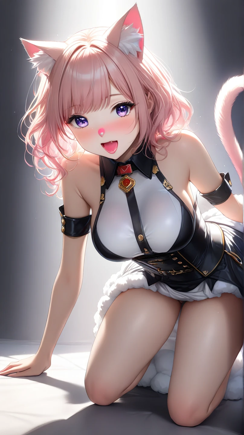 realisitic、top-quality、 1 人、Cat's ears、Nurse Cap,pinkhair ,Short hair,Wavy Hair,Saliva、orgasm,Gold PVC Bikini,Black PVC gloves,Big breasts 、all-fours,profetional lighting
