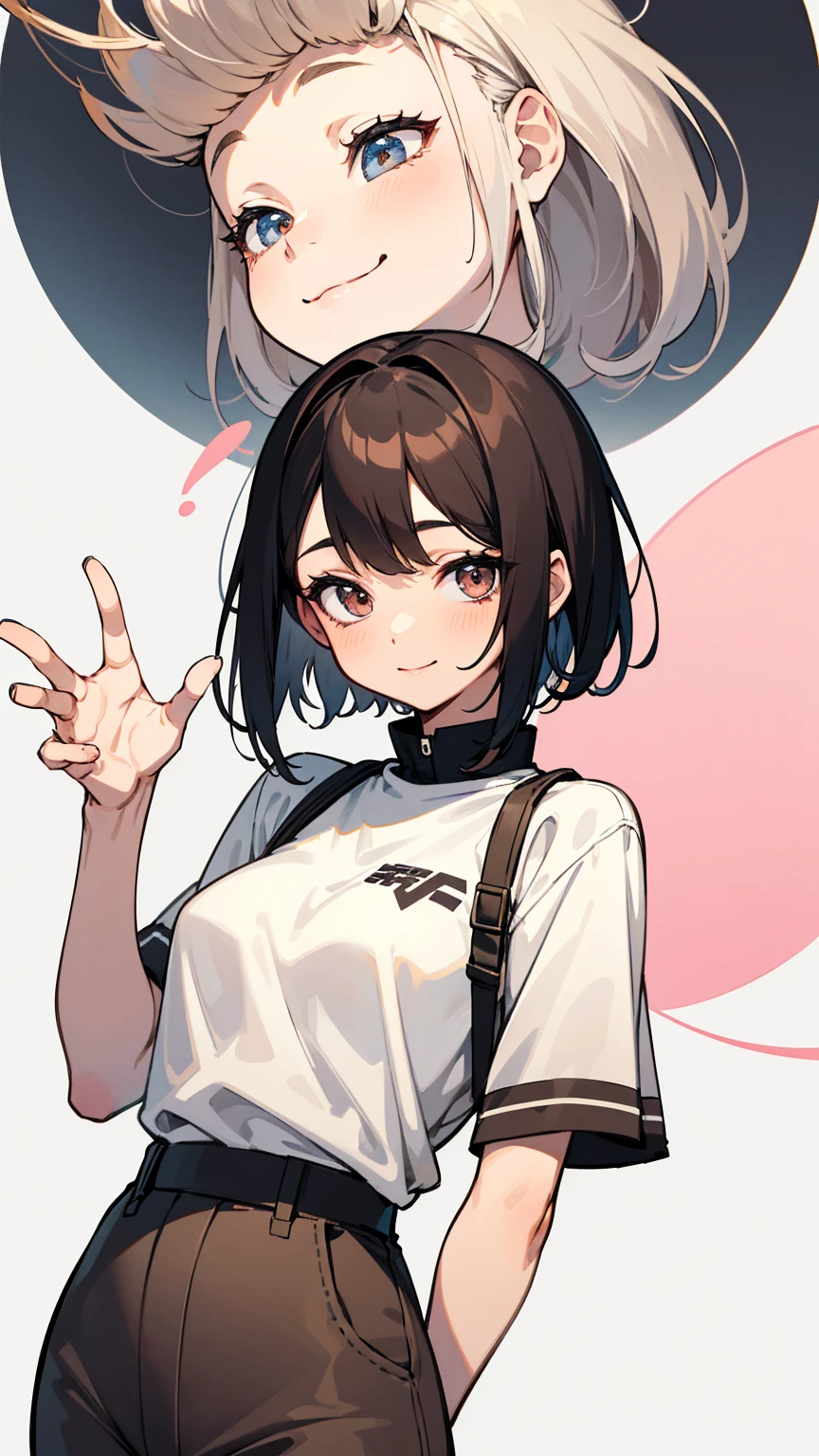 flat color,(1girl,japanese,15yo,((Paw-shaped hair accessory),(Black Paw Glove:1.5)),Cat ears headband,arms up,detailed face,BREAK (Black hair,wavy-short hair),parallel eyebrows,eyes with large irises,blunt bangs,small nose, fresh lips,smile,small breasts,(5feet tall)),very happy,runway, BREAK Oversized cat t-shirts,short cargo pants,high-top sneakers,pink,