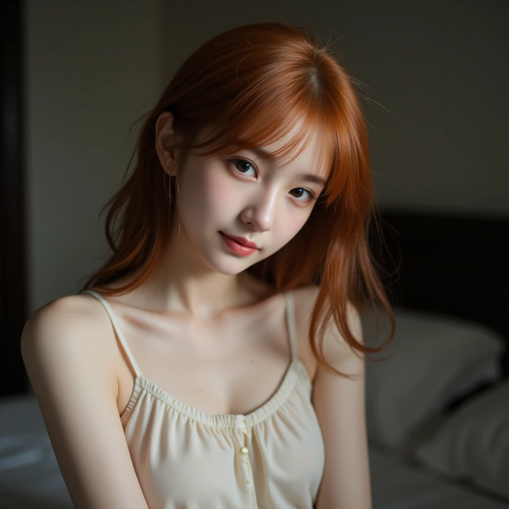 (best quality,4k,8k,highres,masterpiece:1.2),ultra-detailed, red haired Chinese college student, Dilraba Dilmurat, smiling, college dorm room, sitting on bed, seducing viewer, HDR, 8k, absurdres, cinestill 800, sharp focus