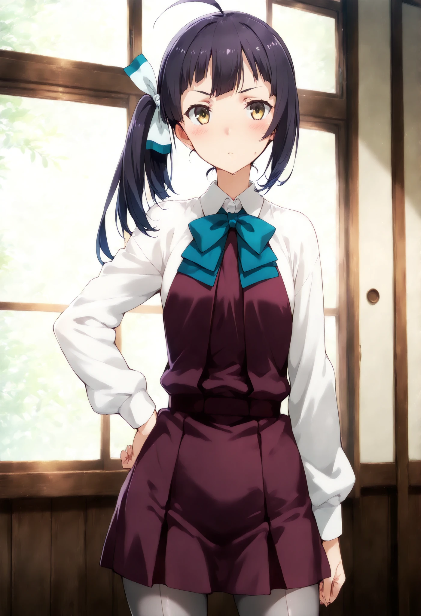 Fujinami (KANCOLLE), , 一人の女の子, 一人で,
fujinamiKC, 1girl, solo, long hair, hair ribbon, ahoge, side ponytail,long sleeves, dress, bow, ribbon, school uniform, hair ribbon, white shirt, bowtie, white ribbon, purple dress, pleated dress, grey pantyhose, aqua bow, aqua bowtie, カウボーイショット,