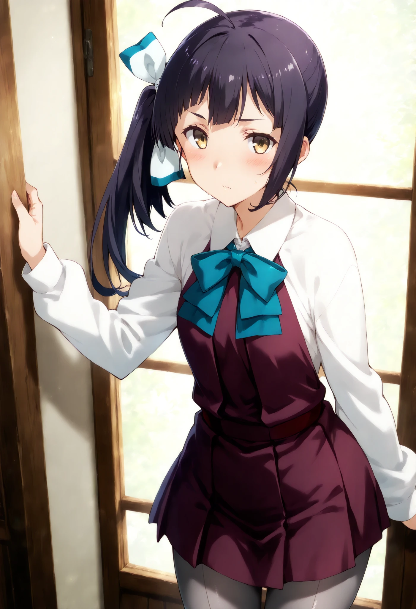 Fujinami (KANCOLLE), , 一人の女の子, 一人で,
fujinamiKC, 1girl, solo, long hair, hair ribbon, ahoge, side ponytail,long sleeves, dress, bow, ribbon, school uniform, hair ribbon, white shirt, bowtie, white ribbon, purple dress, pleated dress, grey pantyhose, aqua bow, aqua bowtie, カウボーイショット,