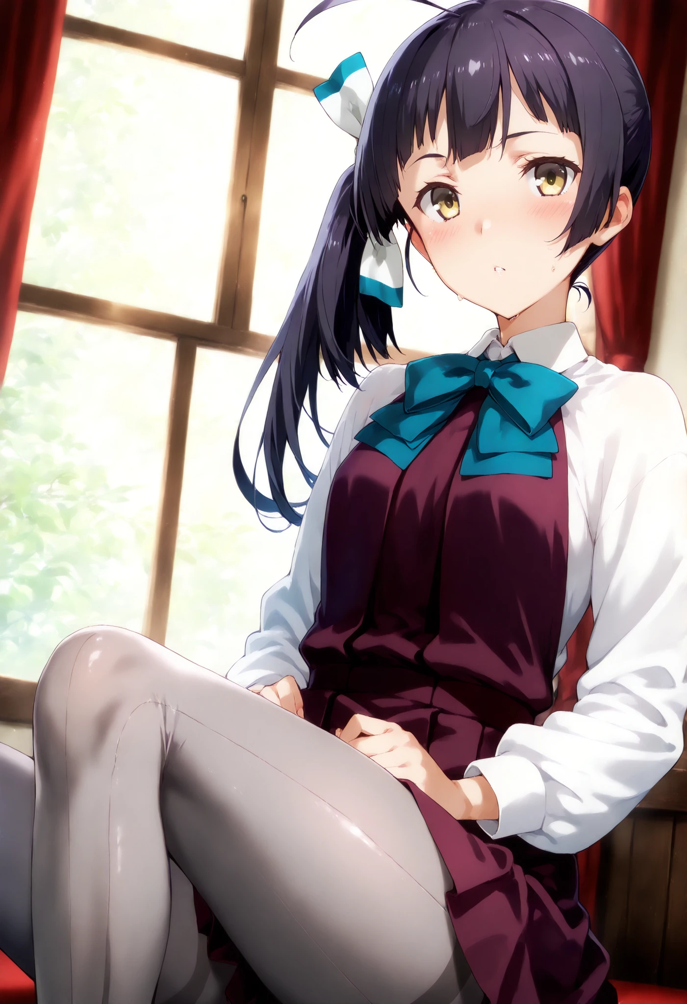 Fujinami (KANCOLLE), , 一人の女の子, 一人で,
fujinamiKC, 1girl, solo, long hair, hair ribbon, ahoge, side ponytail,long sleeves, dress, bow, ribbon, school uniform, hair ribbon, white shirt, bowtie, white ribbon, purple dress, pleated dress, grey pantyhose, aqua bow, aqua bowtie, カウボーイショット,