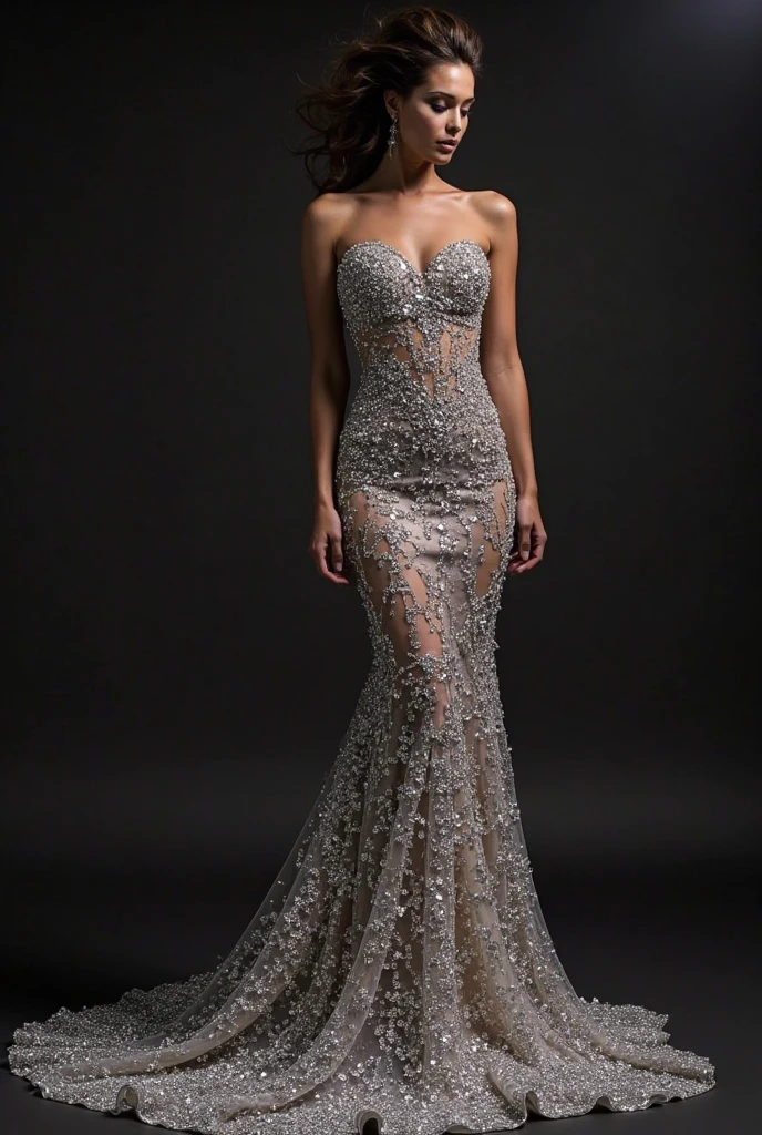 Woman model with hairstyle wearing long party dress with large crystal rhinestones. Show her whole body.