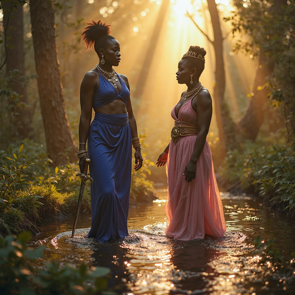 
white skinned russian imperial queen with dark skinned daughter, and dark skinned african tribal queen with pale white skinned daughter,stone age, both have a similar build, both are sitting  ,beside a lake, both their faces have a angry frown , kissing eachother with a ornate knives in their hands behind their back while their daughters are in the distance kissing in the lake