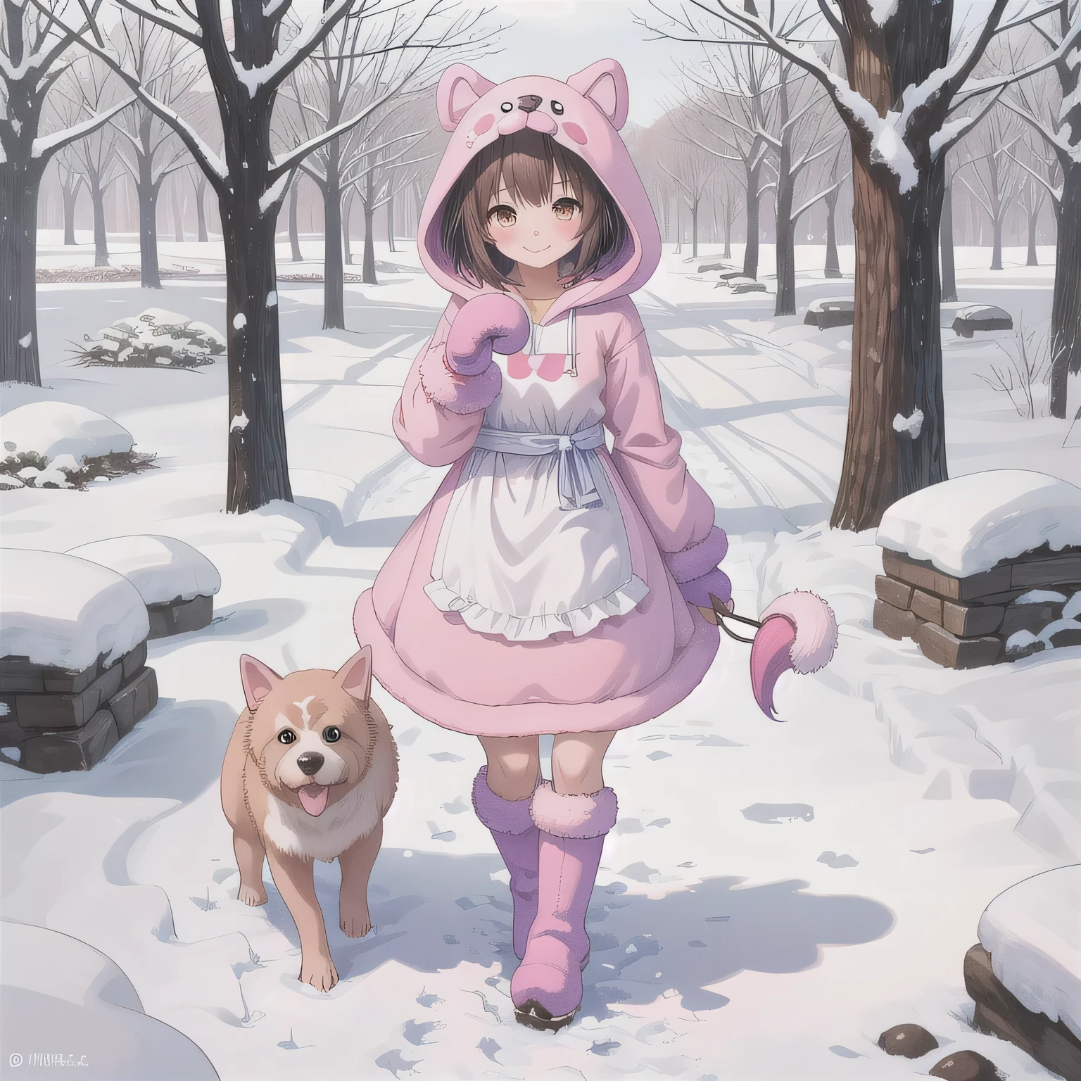 A cute anime-style girl with short dark hair and brown eyes, wearing a pink dog-themed kigurumi with floppy ears and paw mittens. She has a simple white apron over her outfit. She is smiling gently and standing in a snowy landscape. Surround her with dog-related items such as a bone, frisbee, and a dog food bowl. Behind her, blooming delicate serruria flowers in soft pink tones. The scene is colorful, fantasy-like, and warm despite the winter setting. Include fluffy details on her boots and hood, and give her a playful yet gentle aura.