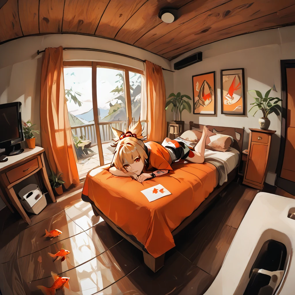 wide shot, fisheye perspective, curvilinear perspective, bird's-eye view, sunlight, extended borders, negative space, environment, indoors, historical japanese style room, spacious, living space, cozy bedroom, furniture, table, houseplant, goldfish, full body, solo, relaxed, lying on bed, barefoot, (masterpiece), best quality, yoimiya, blonde hair, hair ornament, ponytail, bandages, rope, tattoo, orange kimono, f1sh3y3, 4mm fisheye, ultra-wide angle, spherical perspective, GoPro