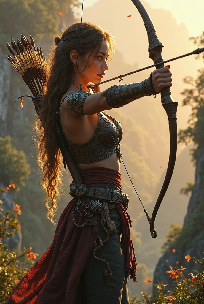((1 fille, posture dynamique de l'archer, posture de tir à l'arc détaillée:1.5)), arche complexe, mouvement dramatique, silhouette accrocheuse, Cheveux flottants, concentration intense, muscular physique, texture de peau réaliste, Haute qualité, 8k, Éclairage cinématographique, ombres dramatiques, tons de couleurs chaudes, couleurs vives, fond de paysage fantastique, végétation luxuriante, falaise rocheuse, ciel dramatique, action dynamique, composition saisissante, chef-d&#39;œuvre, Photoréaliste, hyper détaillé